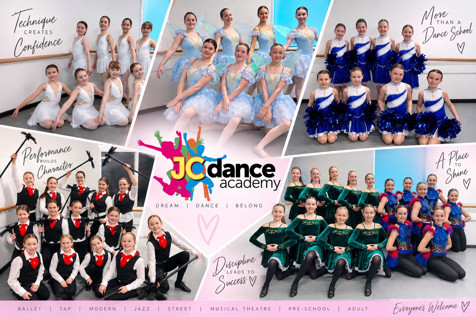 JC Dance Academy students across styles - ballet, modern, jazz and more